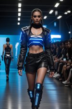 A cyberpunk-inspired outfit with integrated LED lights and metallic accents, fashion ramp walk.jpeg